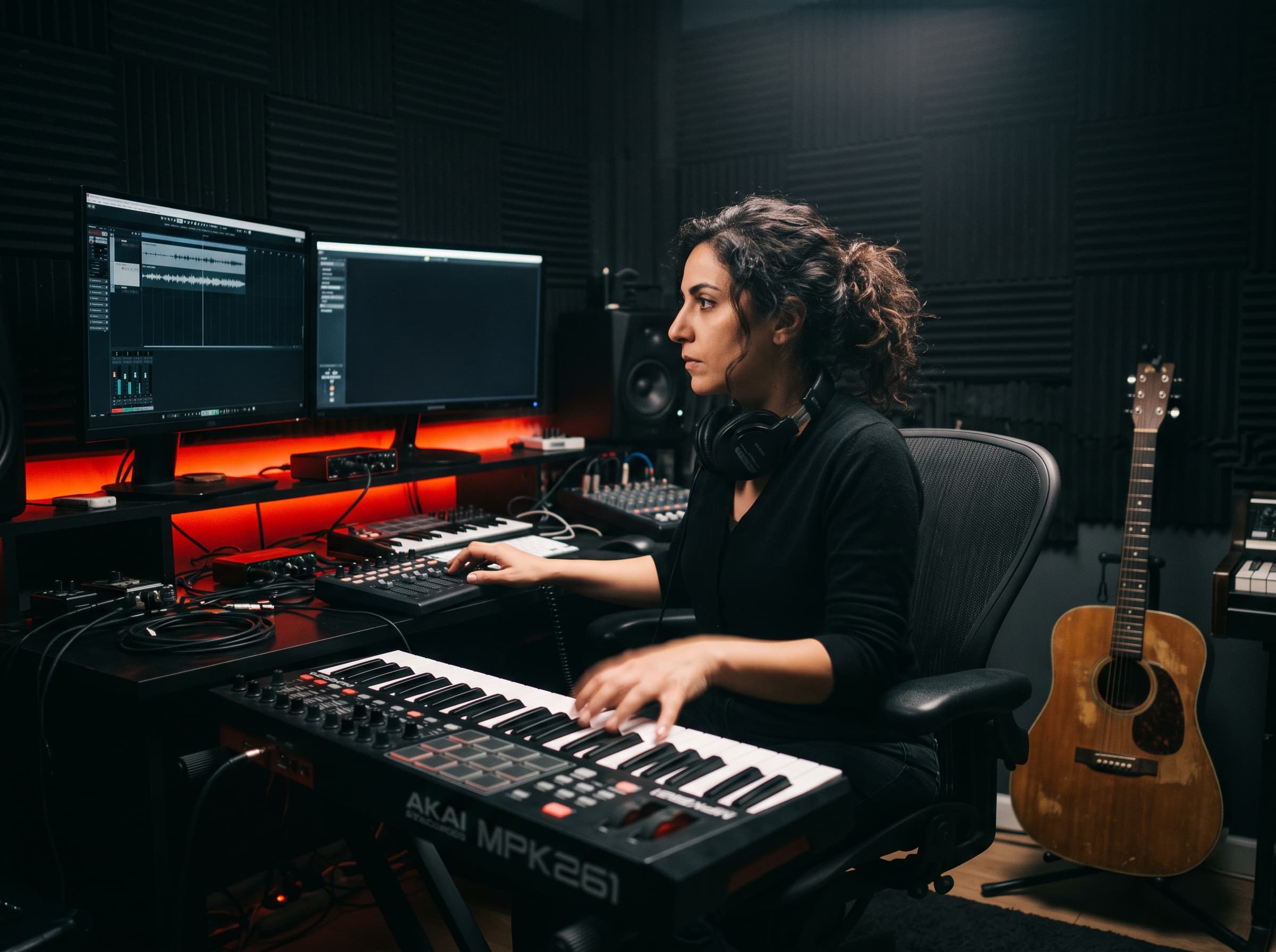 A producer working at a home studio desk