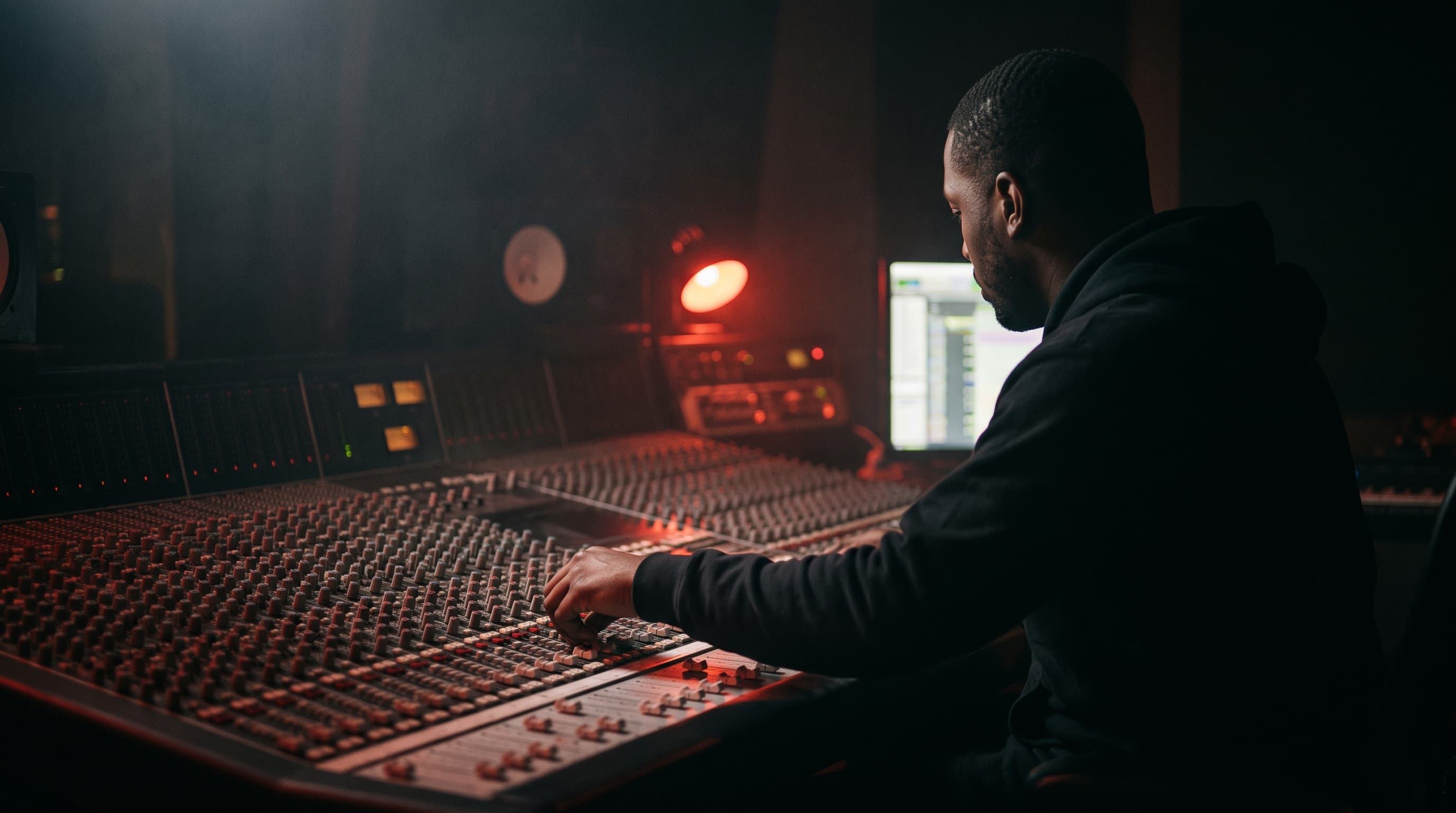 A producer at a mixing console in a dark control room